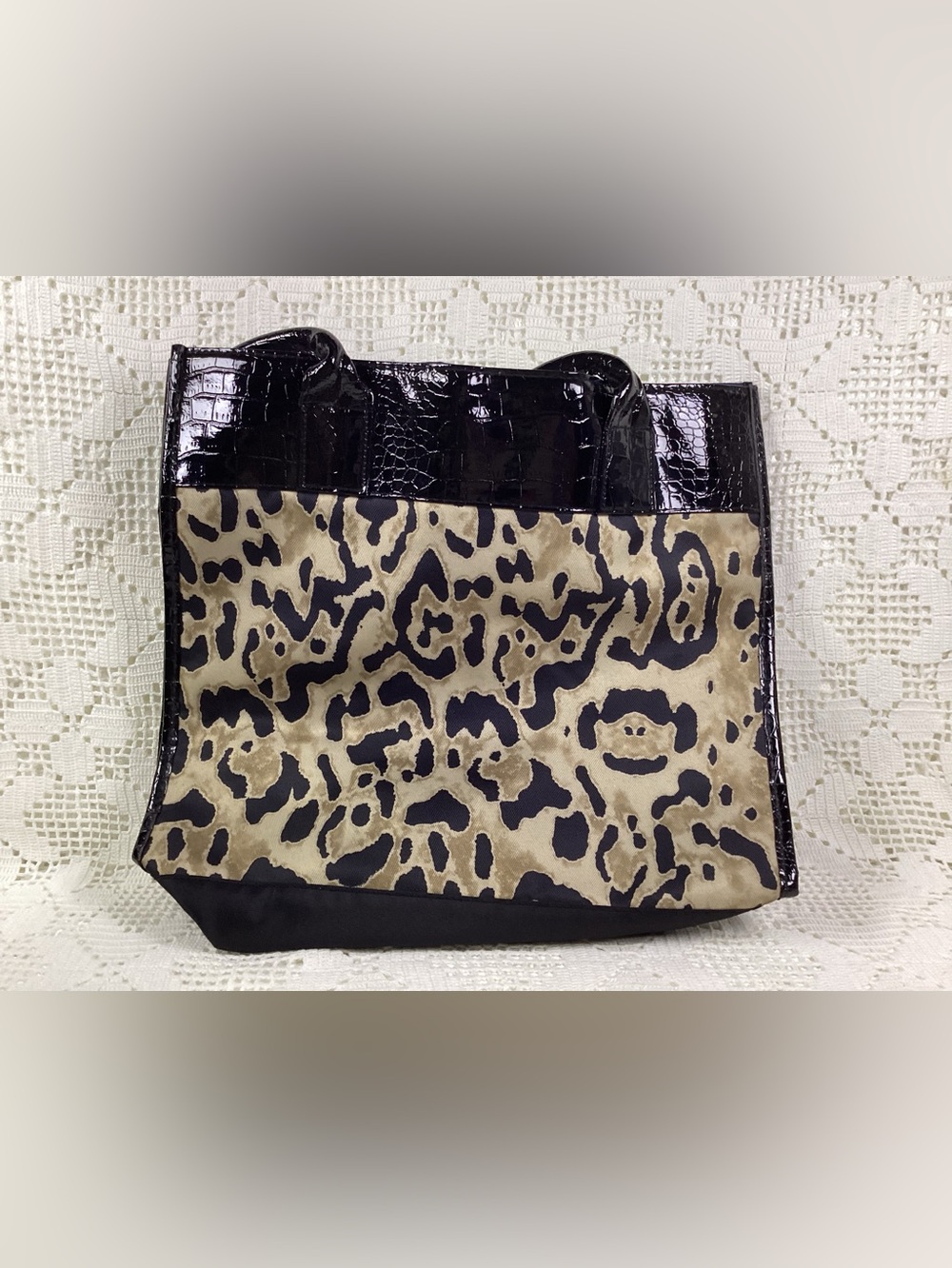 Black and Beige Snake Print Tote Bag - Women